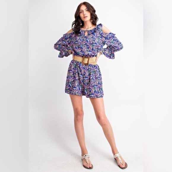 easel | Romper in the Heather Floral Print Cold Shoulder Navy Ruffle New Small - Picture 6 of 14